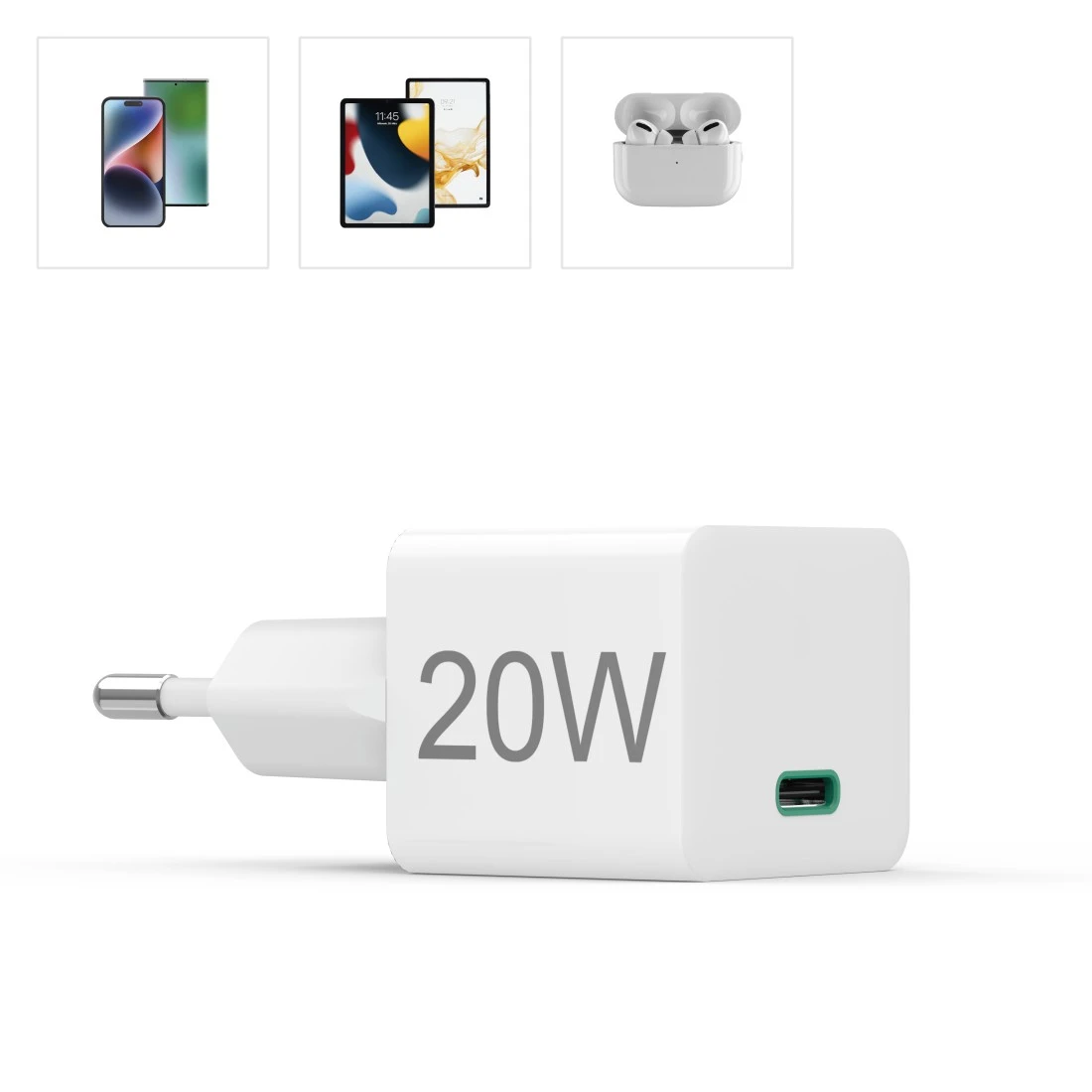 Schnellladegerät, USB-C, PD/Qualcomm®, Mini-Ladegerät, 20 W, Weiß