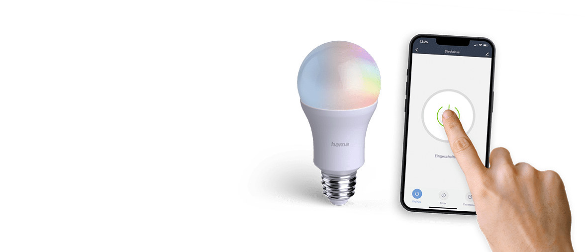Eine Hand bedient mithilfe einer App die Smart Home Lampe