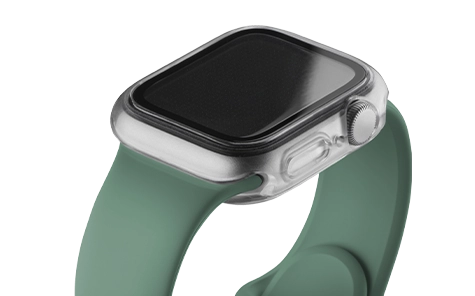 Detailansicht einer Applewatch mit grünem Band und der Hama Schutzhülle für Apple Watch 7 / 8 / 9