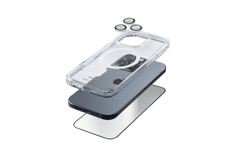 Infographie dans laquelle la coque du téléphone portable, la protection de l'écran et la protection de l'appareil photo forment un package Rumdum-sorglos.