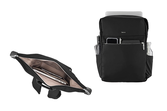 Freigestellte Bilder von Frontal- und Oben-Ansicht des Laptop-Rucksacks, in denen die verschiedenen Fächer dargestellt werden