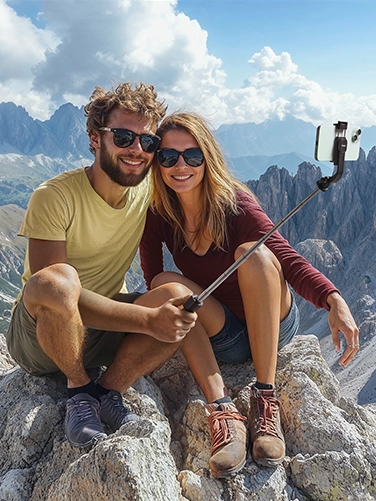 Ein junges Pärchen sitzt auf einem Berggipfel bei sommerlichem Wetter und nimmt mit dem Hama Selfie-Stick-Stativ "Fancy Stand 70 II" ein Gipfel-Selfie auf.