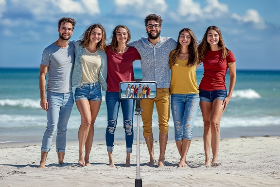 Eine Gruppe junger Menschen stehen am Sandstrand nebeneinander und nehmen mit dem Selfie-Stick-Stativ "Fancy Stand 70 II" ein Gruppen-Selfie auf