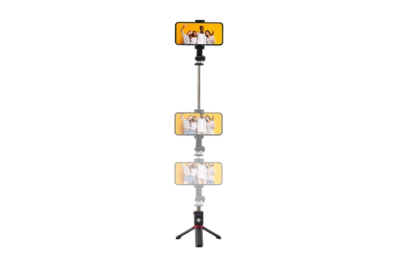 Freigestelltes Bild vom "Fancy Stand 70 II" in der Dreibein-Stativ-Variante. Gezeigt werden die unterschiedlichen Höhen, in denen das Stativ eingestellt werden kann, um immer den perfekten Winkel für Bilder zu haben